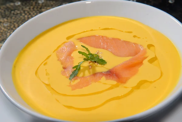 Pumpkin soup with a salmon — Stock Photo, Image