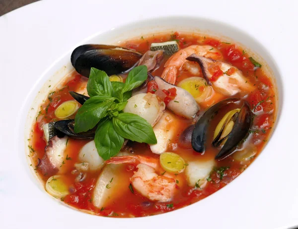 Tomato soup with seafood and fish — Stock Image Tomato soup with seafood and fish Stock Image