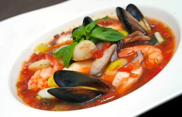 Tomato soup with seafood and fish — Stock Photo, Image