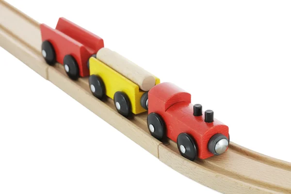 Trä leksakståg på järnväg — Stockfoto