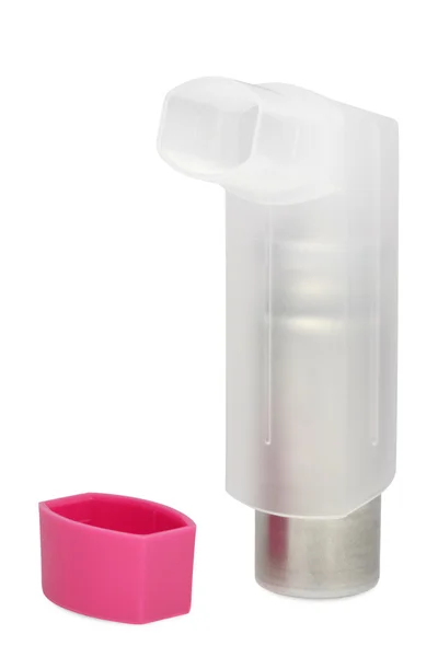 Translucent asthma inhaler with pink hoo — Stock Photo, Image