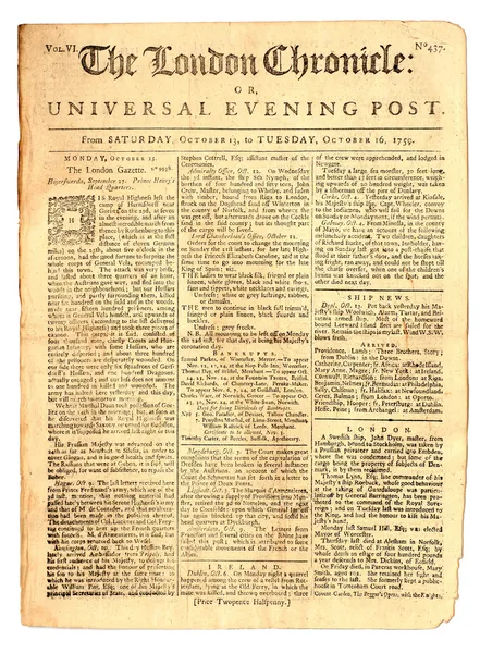 Alte Londoner Zeitung von 1759 lizenzfreie Stockbilder