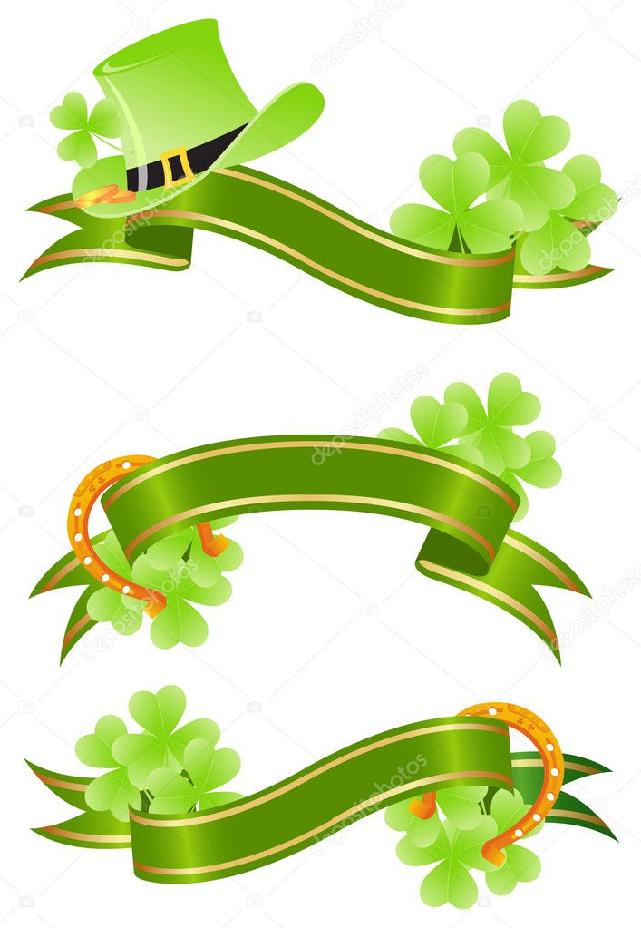 Three green placards with tree-leaf clovers and golden lucky horseshoe