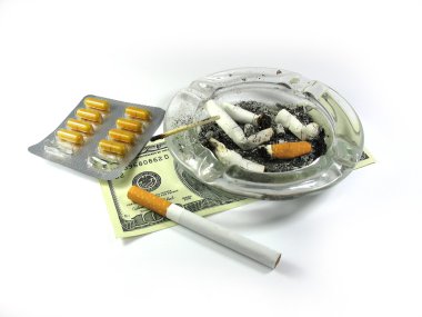 Cigarette, money, ash-trash, and drugs clipart