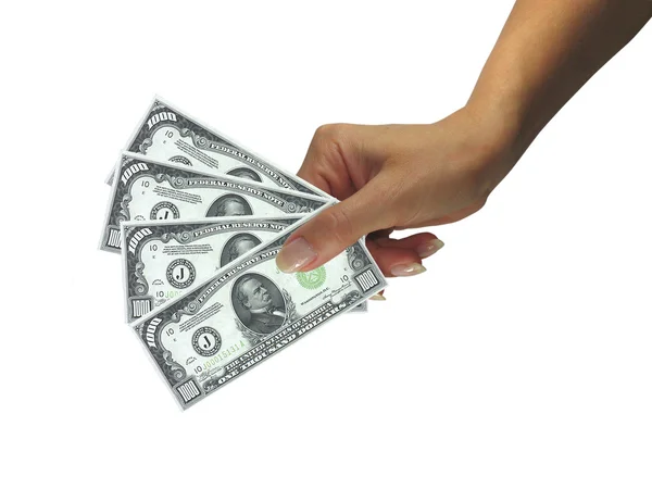 Mänskliga lady hand ger cash dollar — Stockfoto