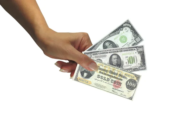 Human lady hand giving cash rare dollars — Stock Photo, Image