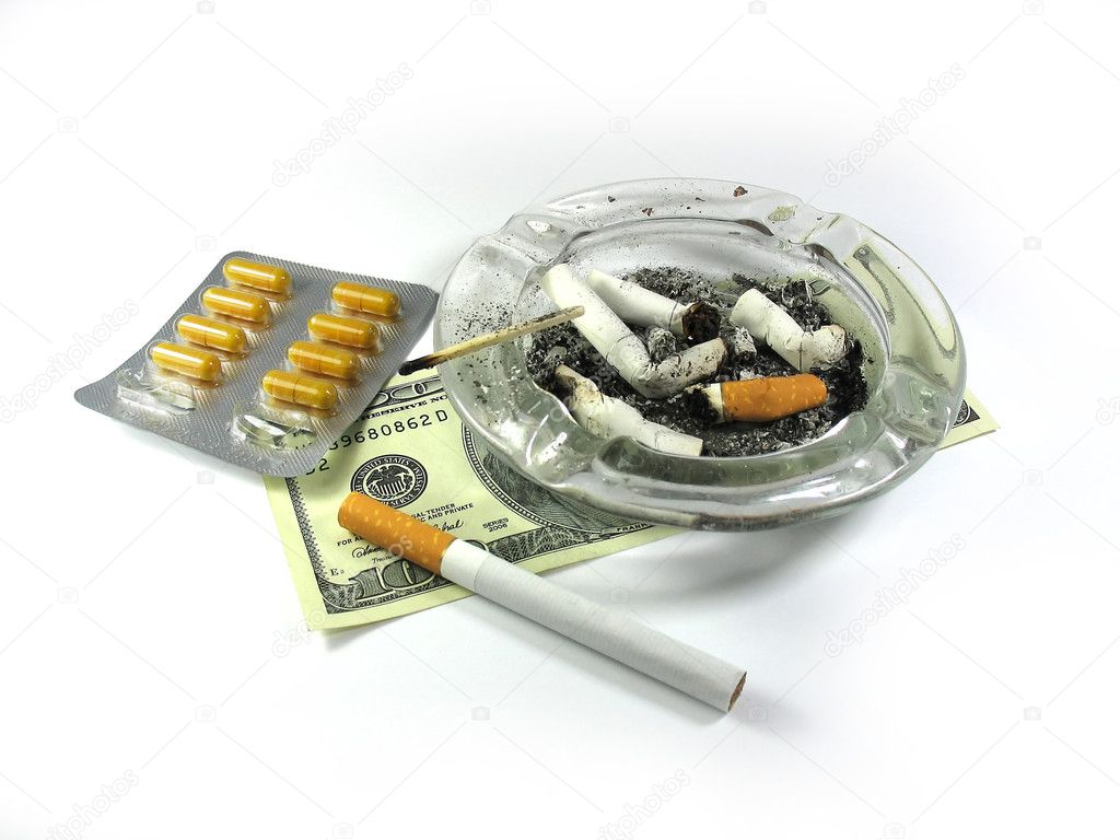 Cigarette, money, ash-trash, and drugs