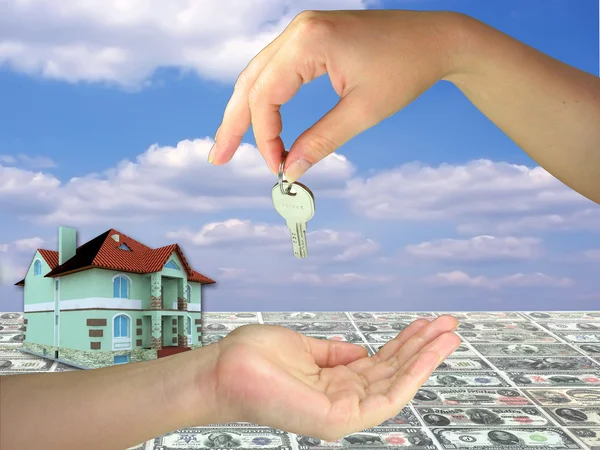 Lady hands giving key on 3d house money — Stock Photo, Image
