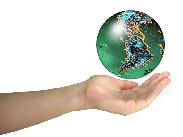 Senhora humana mão segurando globo mundial — Fotografia de Stock