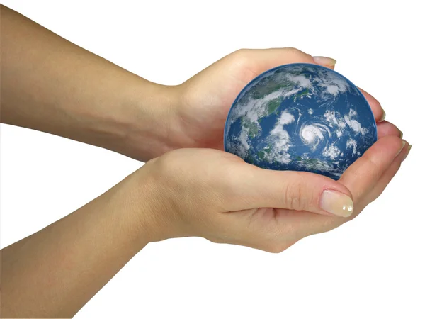 Hanımefendi insan elinde tutan dünya Küre — Stok fotoğraf