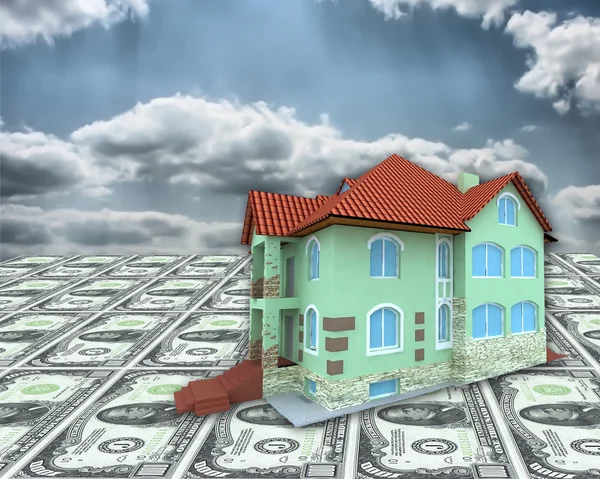 A 3D house on money and cloudy sky — Stock Photo, Image