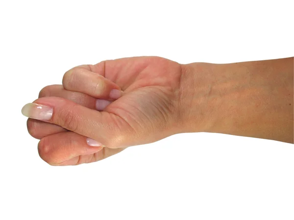 Mänskliga lady hand visar knytnäve — Stockfoto