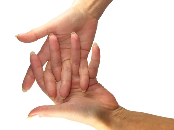 Mänskliga lady hand visar korsade fingrar — Stockfoto