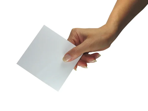 Женская рука человека показывает пустую бумагу — стоковое фото