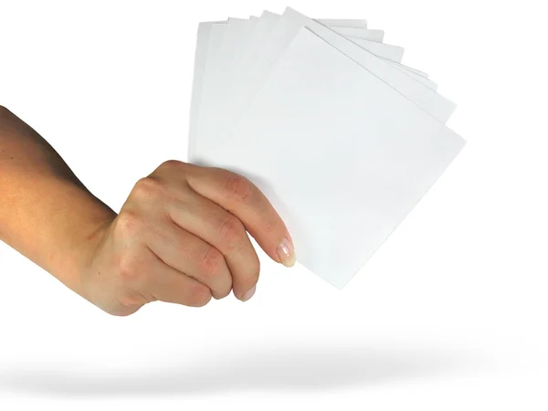 Senhora humana mão mostrando papel vazio — Fotografia de Stock