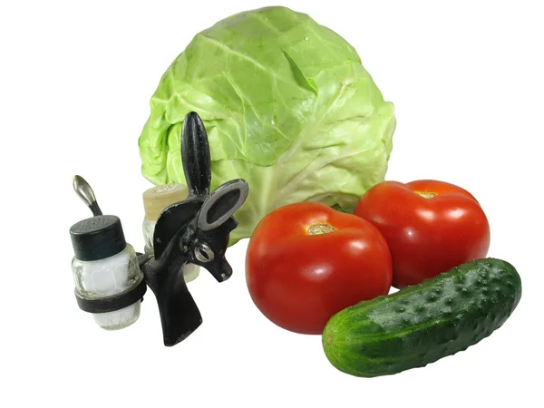 蔬菜与厨房设备一套 — 图库照片