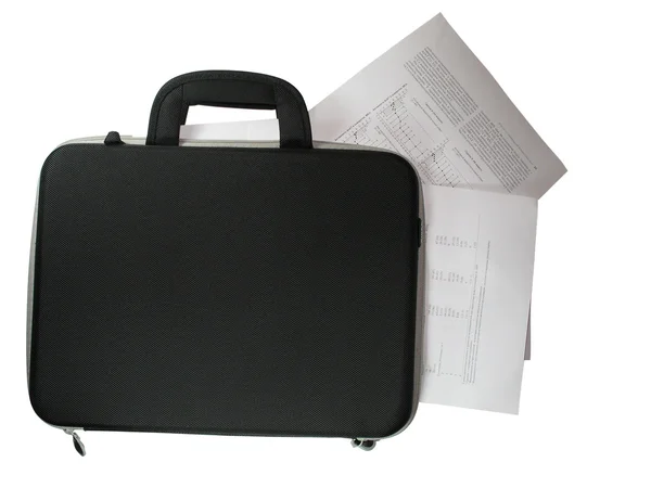 Чорний портфель з бізнес-документами — стокове фото