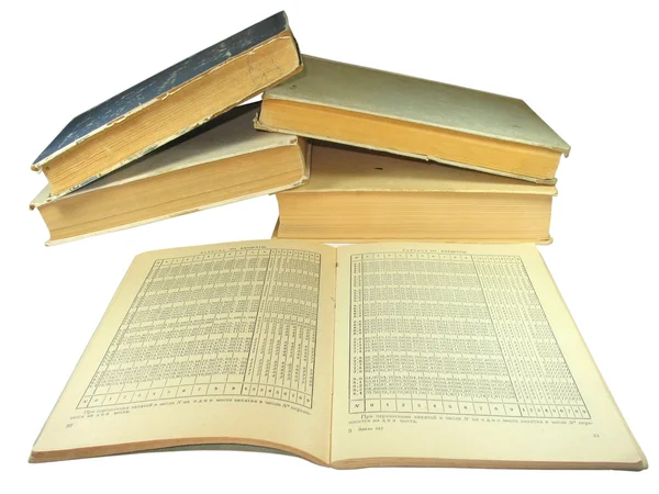 Старые жёлтые книги с таблицами по математике — стоковое фото