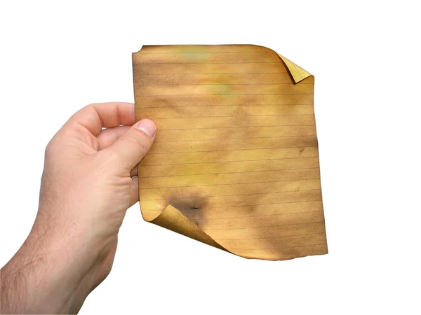 Homem mão segurando velho forrado queimado papel — Fotografia de Stock