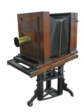 Ancient wooden photo camera isolated clipart