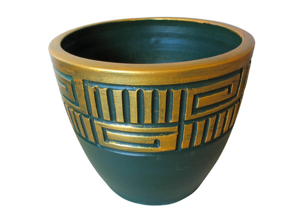 Ornated green ceramic pot isolated