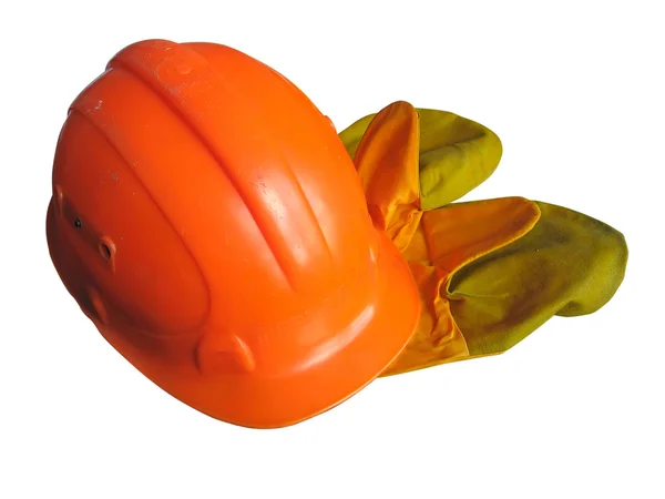 Casco da costruzione arancione con guanti — Foto Stock