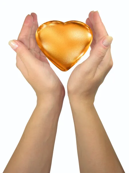 Human lady hands holding golden heart — Stock Photo, Image
