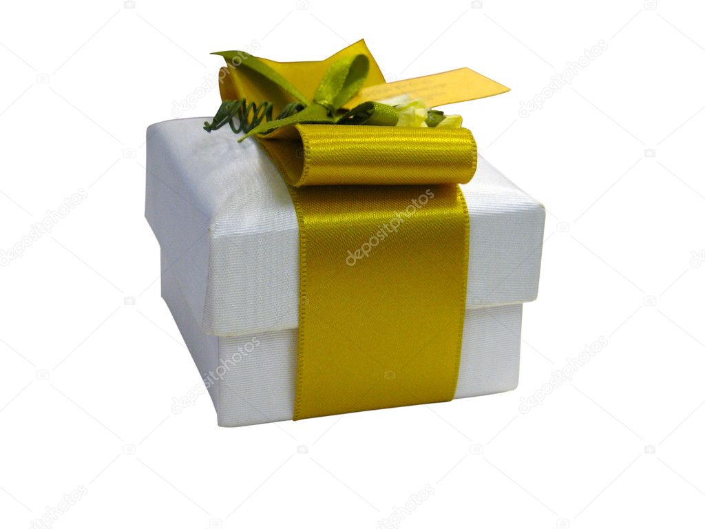 Gift box with yellow ribbon isolated