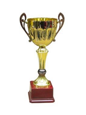 Gold trophy cup on wood pedestal clipart