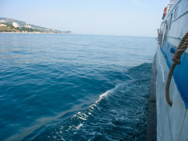 Druhu na pobřeží od malé výletní lodi — Stock fotografie