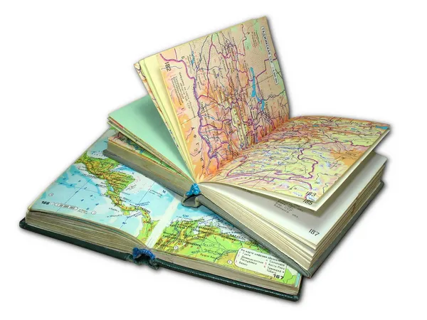 Iki eski izole atlas kitap göster — Stok fotoğraf