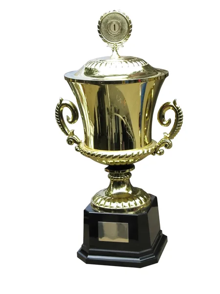 Copo de troféu de ouro no pedestal de madeira — Fotografia de Stock