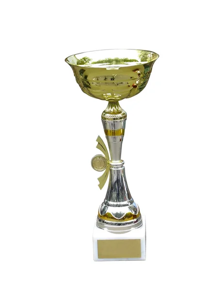 Gold trophy cup on pedestal — Stock Photo, Image