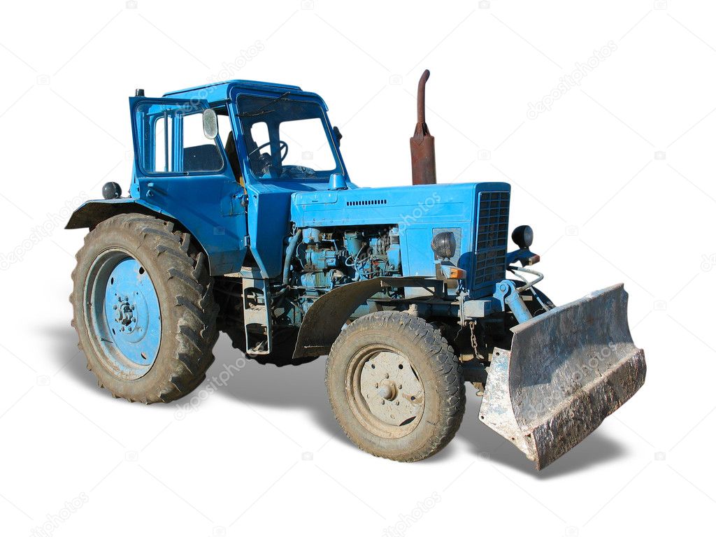 Old blue vintaje tractor isolated