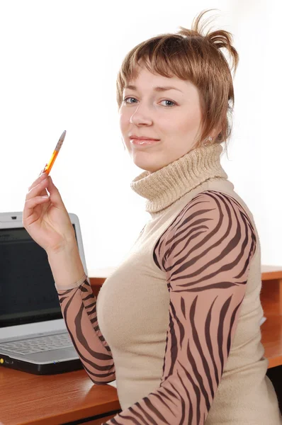 Business woman with pen in the hands — Stock Photo, Image