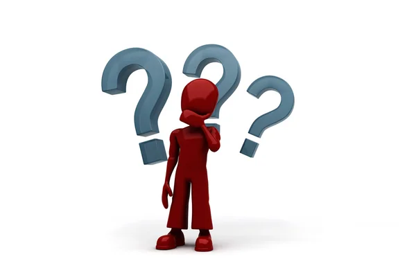 3d man and three big question marks — Stock Photo, Image
