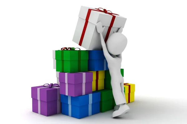3d man and many presents — Stock Photo, Image