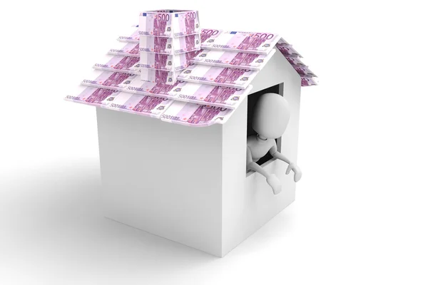 3D man inne i ett hus av pengar — Stockfoto