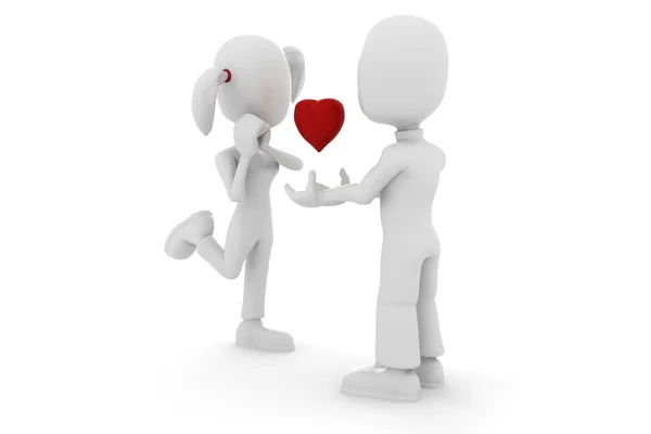 3d couple sharing a big red heart — Stock Photo, Image