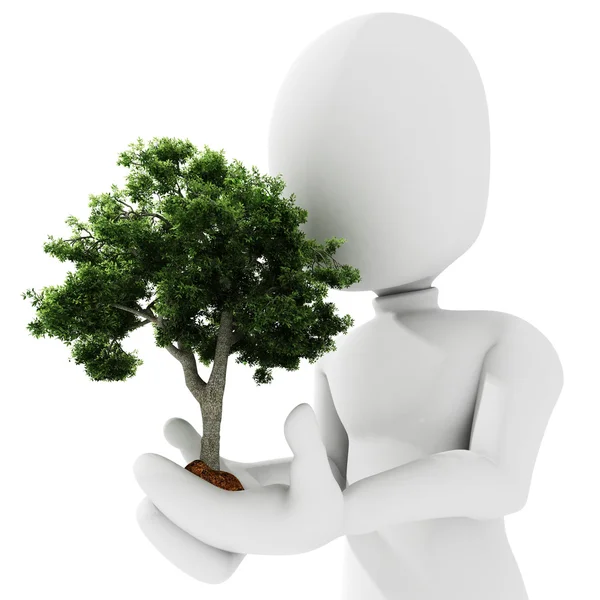 3D человек, держащий дерево — стоковое фото