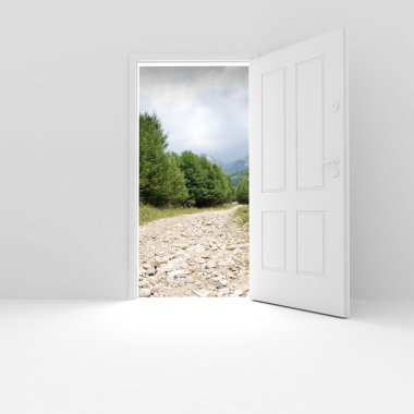 3d open door and a nice view outside clipart