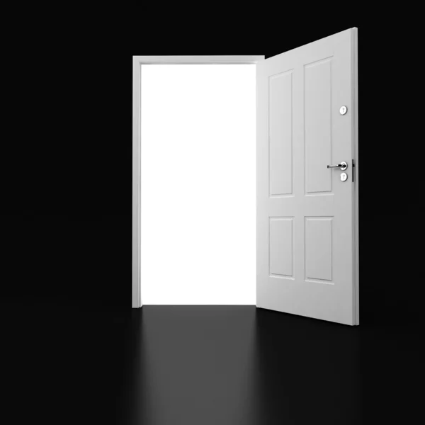 Третья белая открытая дверь на чёрном фоне — стоковое фото