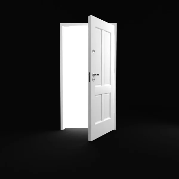 Третья белая открытая дверь на чёрном фоне — стоковое фото