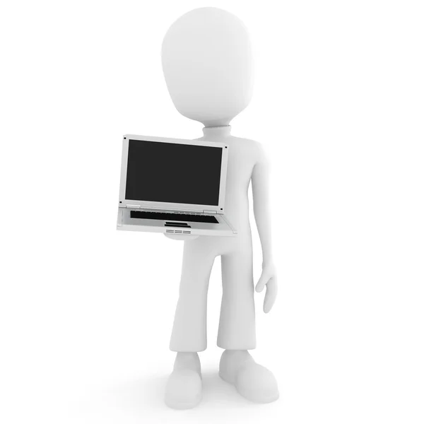 3D człowiek trzyma laptopa — Zdjęcie stockowe