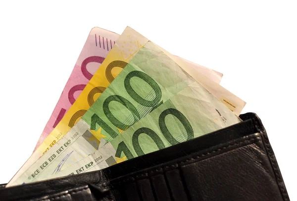 Zwarte lederen portefeuille en 900 euro — Stockfoto