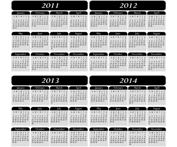 Calendario 4 anni in nero — Vettoriale Stock