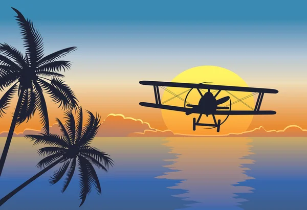 Pôr do sol paisagem marinha com avião — Vetor de Stock