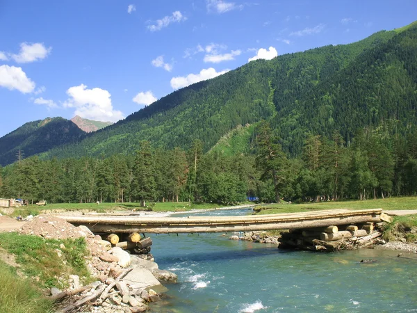 The bridge on the mountain river, — Stock Photo, Image