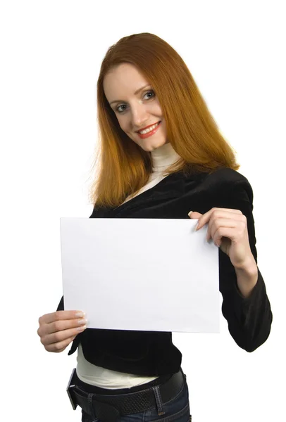 Smiling woman holding sign — Stock Photo, Image