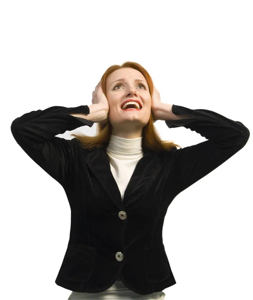 Business woman closing the ears — Zdjęcie stockowe